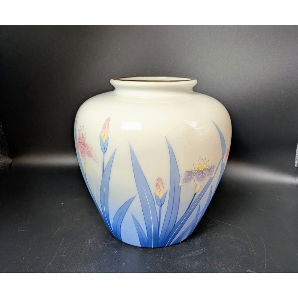 Vintage Otagiri Japan Hand Painted Vase Pink and Purple Iris Flowers Gold Rim